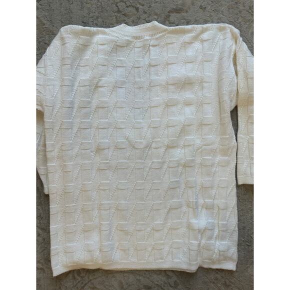 Vintage Women's White Cotton V-Neck Sweater Textured Knit Geometric USA M - Picture 9 of 9